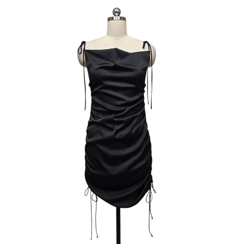 LEAU Black Satin Ruched Mini Dress Cowl Neck Tie Strap Womens‎ Size M 2331